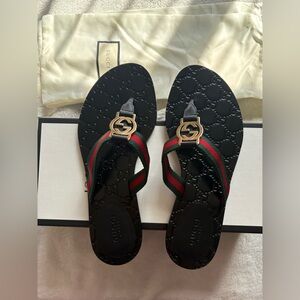 Gucci Black Flip-Flops with Red and Green Straps